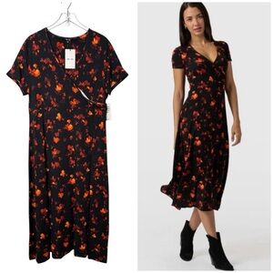 NEW Saint + Sofia Black Maggie Wrap Short Sleeve Red Aurora Midi Dress Sz 18